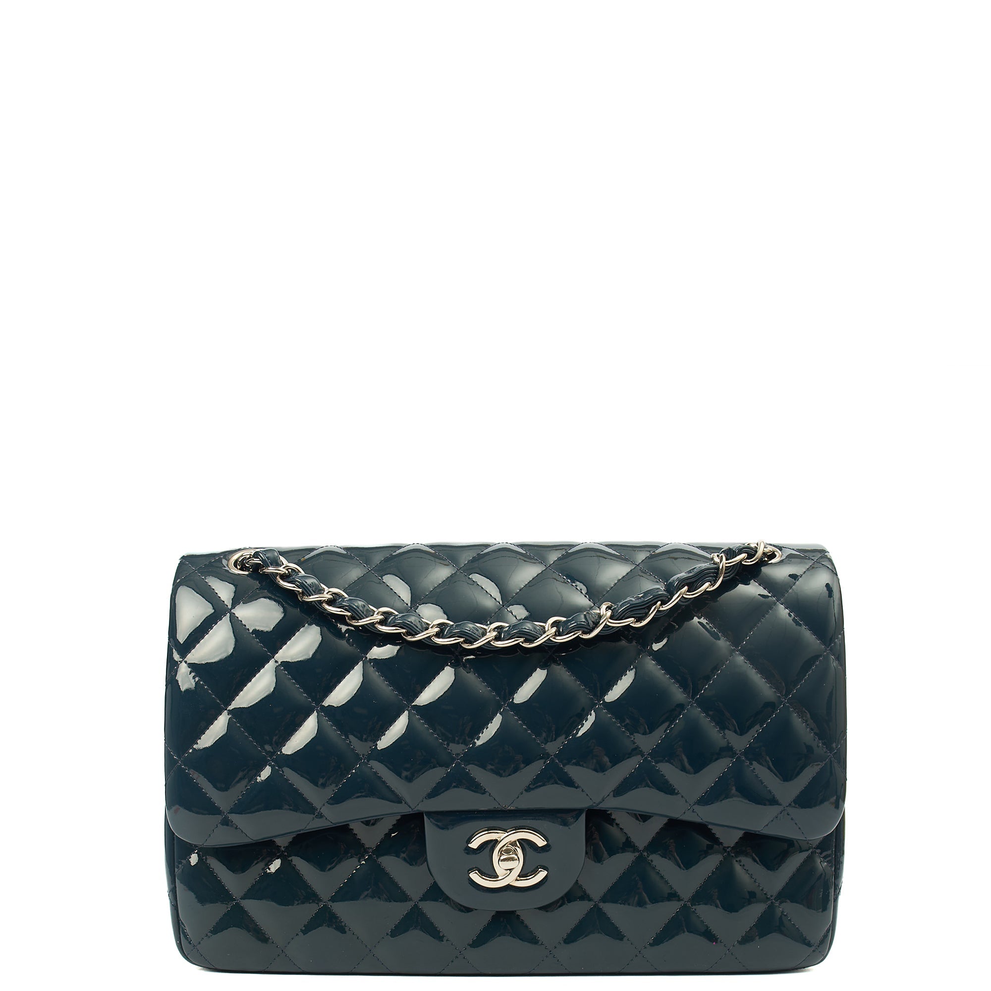 Chanel Shoulder Bag Classic Double Flap - Large in Blue, Patent Leather
