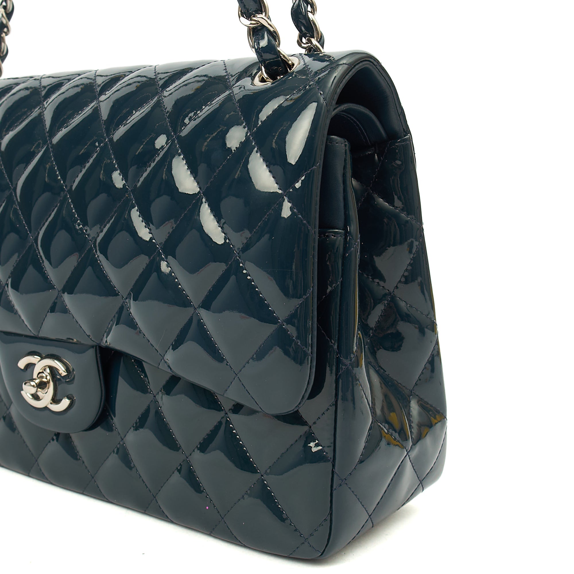 Chanel Shoulder Bag Classic Double Flap - Large in Blue, Patent Leather
