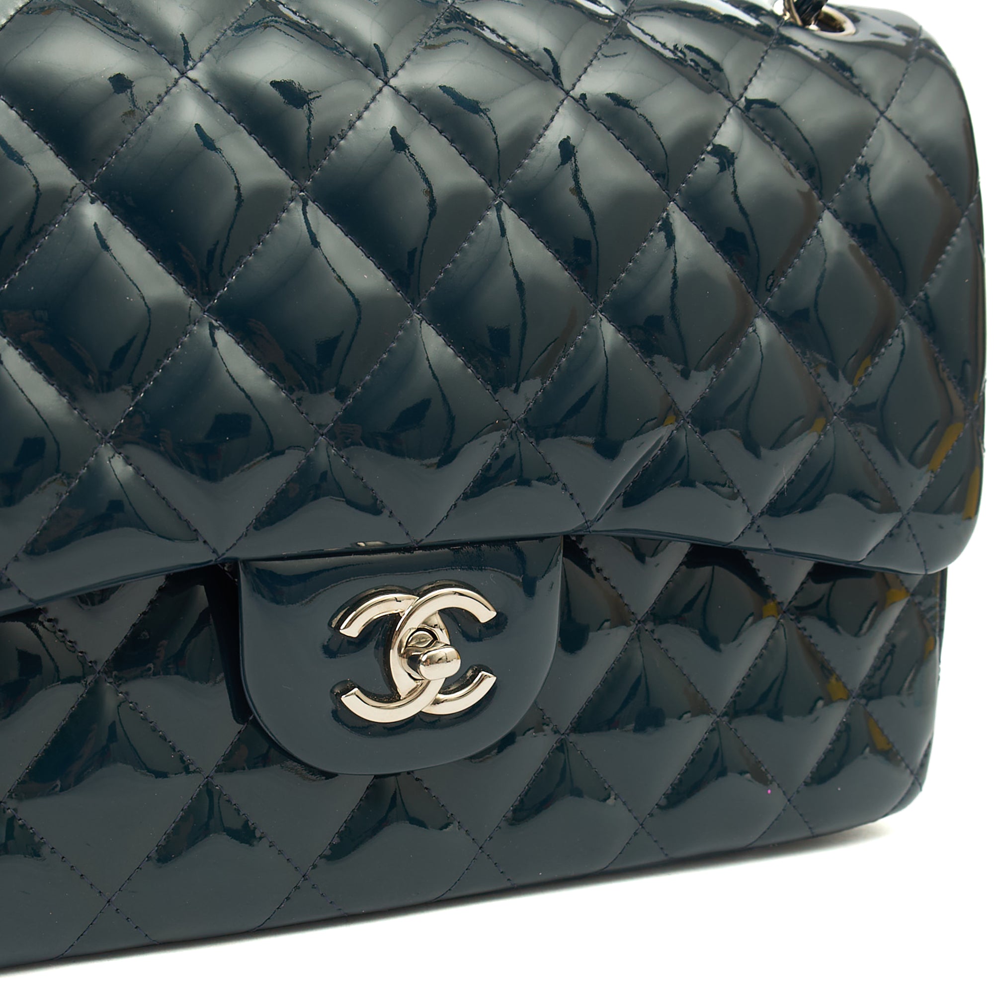 Chanel Shoulder Bag Classic Double Flap - Large in Blue, Patent Leather