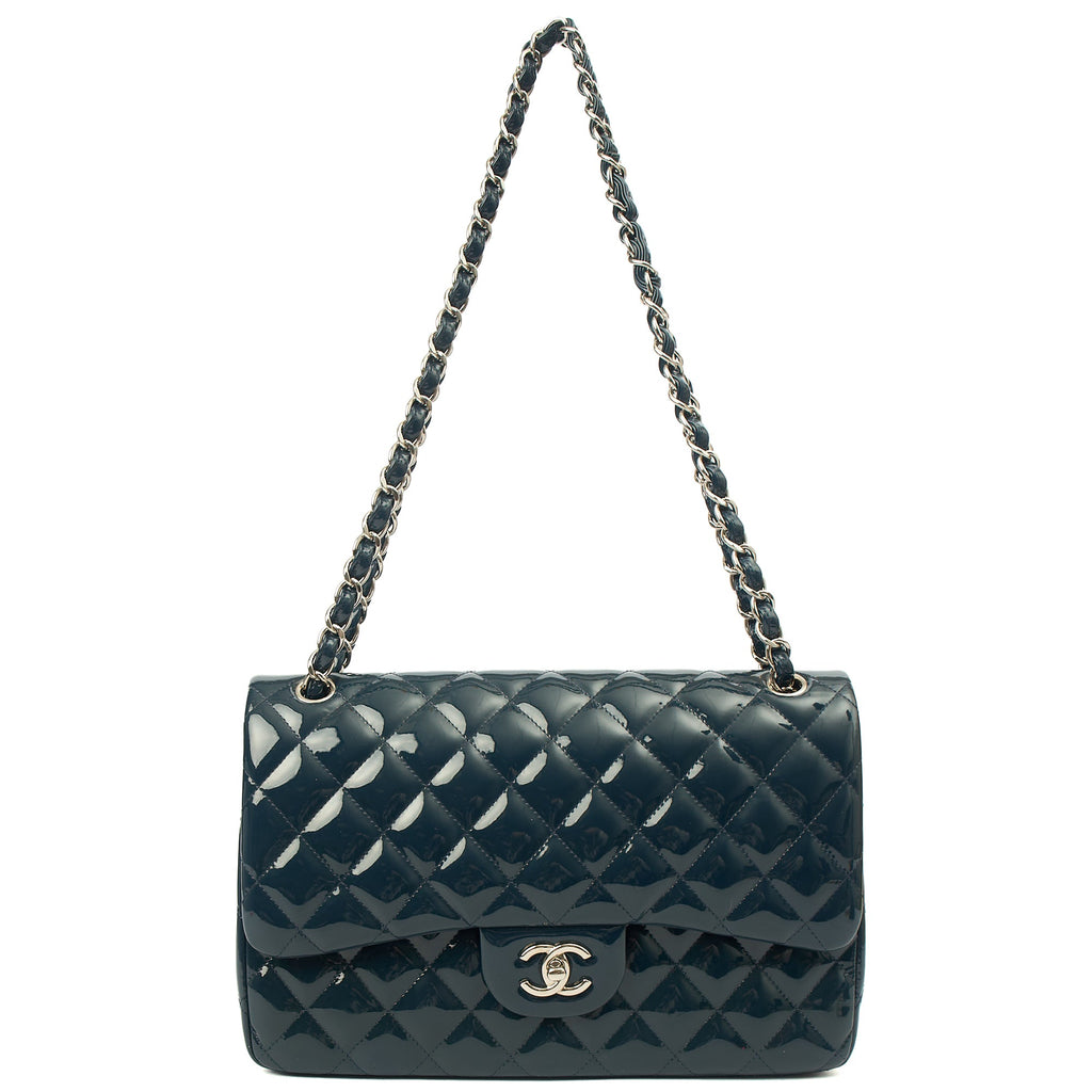 Chanel Shoulder Bag Classic Double Flap - Large in Blue, Patent Leather