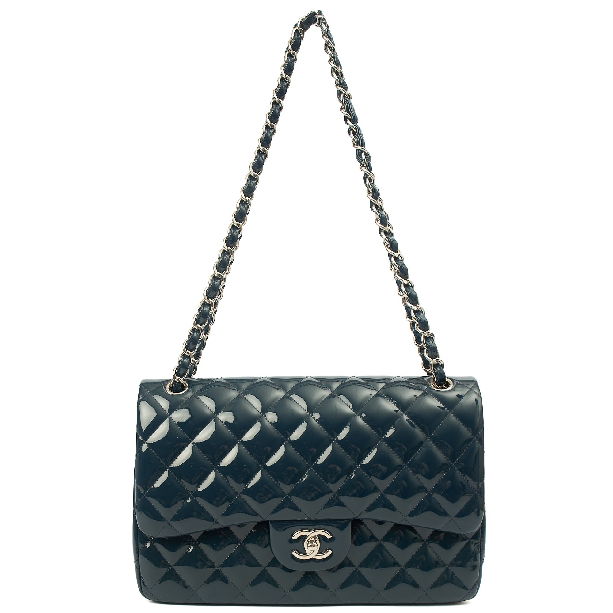 Chanel Shoulder Bag Classic Double Flap - Large in Blue, Patent Leather