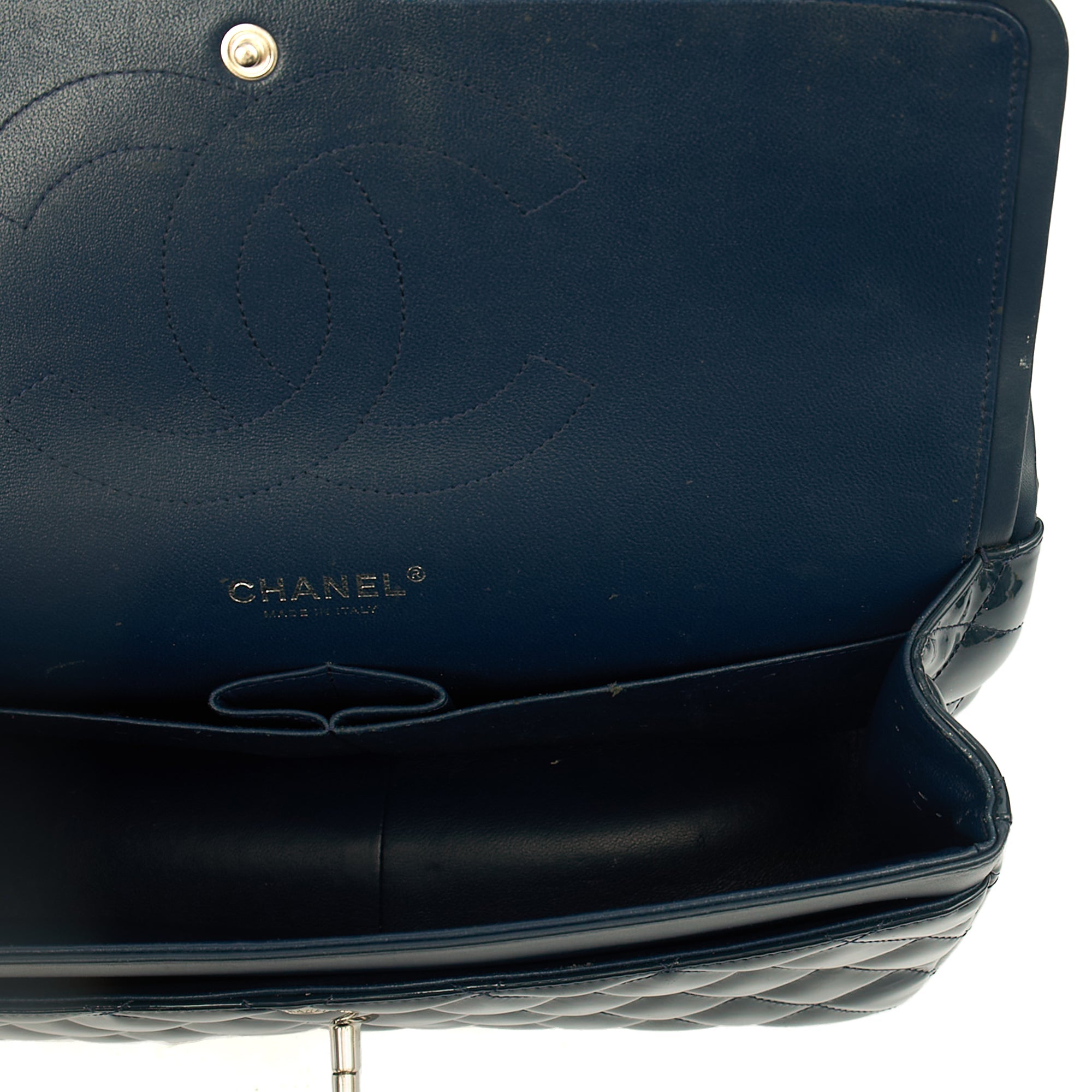 Chanel Shoulder Bag Classic Double Flap - Large in Blue, Patent Leather
