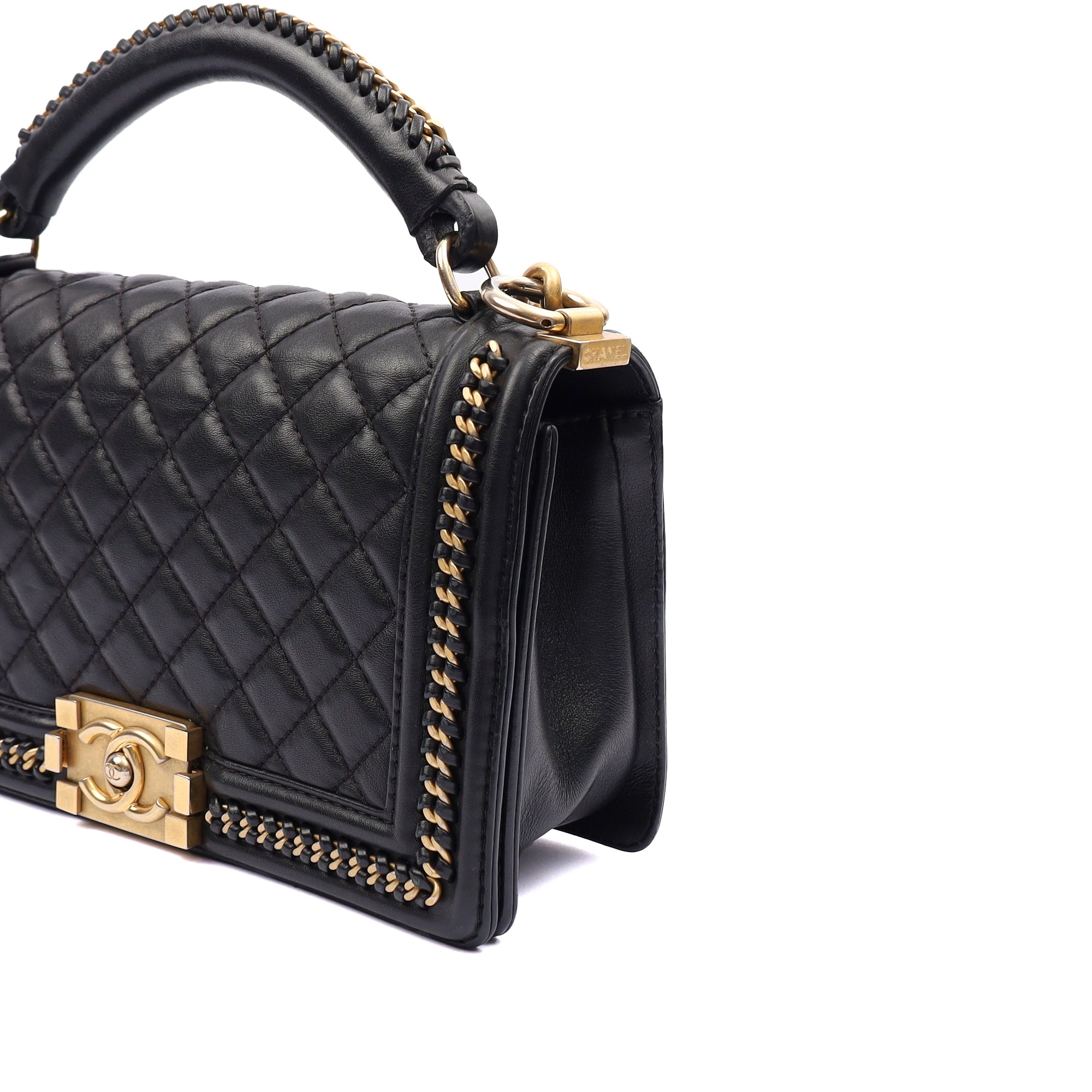 Chanel Shoulder Bag Boy Top Handle - Medium in Black, Calfskin Leather