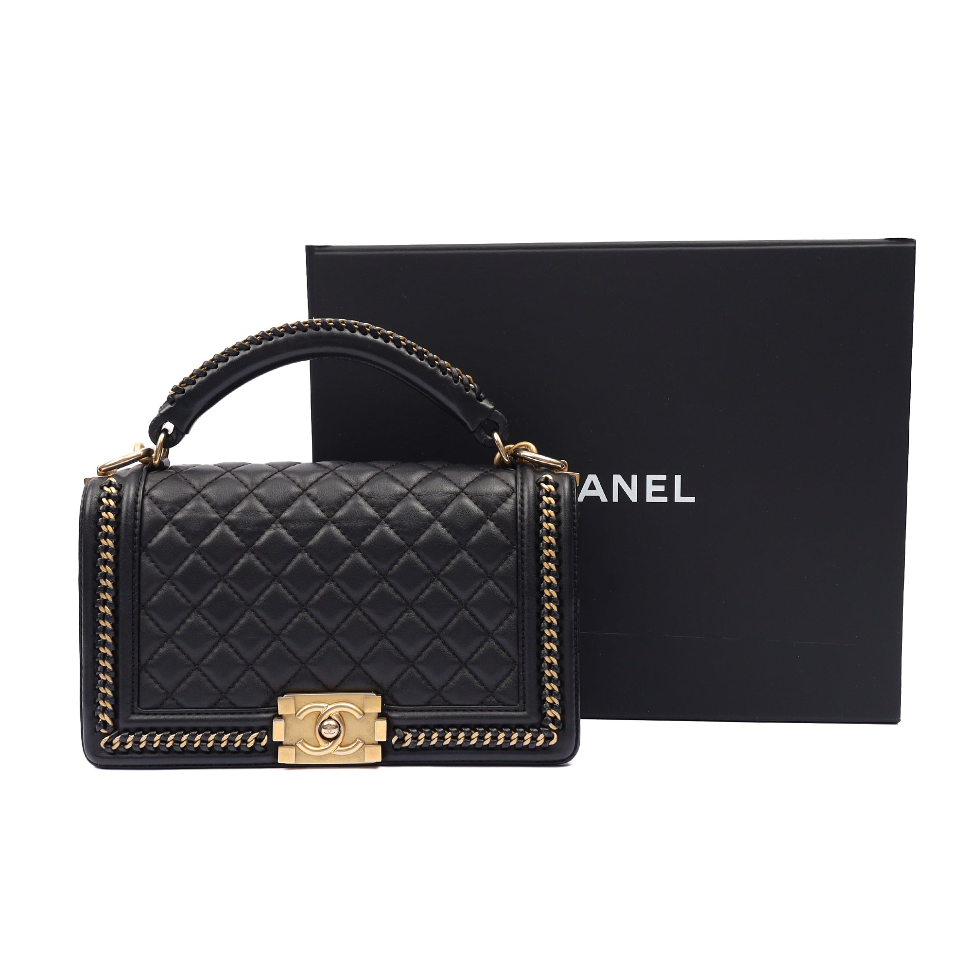 Chanel Shoulder Bag Boy Top Handle - Medium in Black, Calfskin Leather