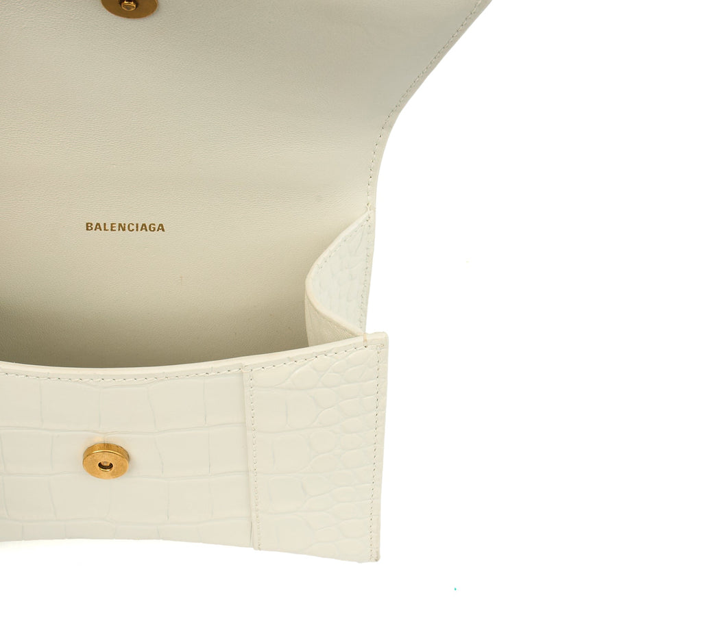 Balenciaga Top Handle Hourglass Top Handle XS in White, Exotic Effect Leather