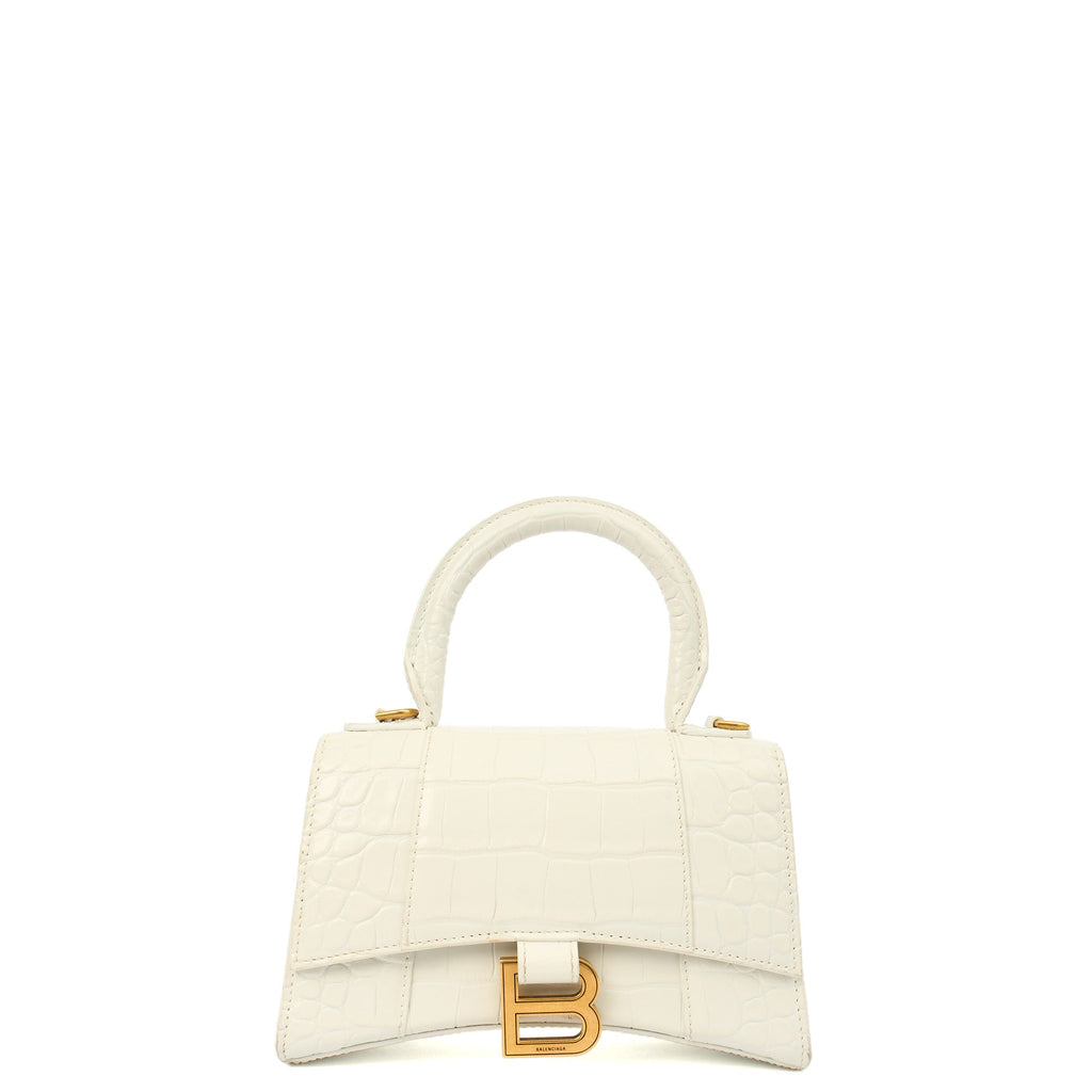Balenciaga Top Handle Hourglass Top Handle XS in White, Exotic Effect Leather