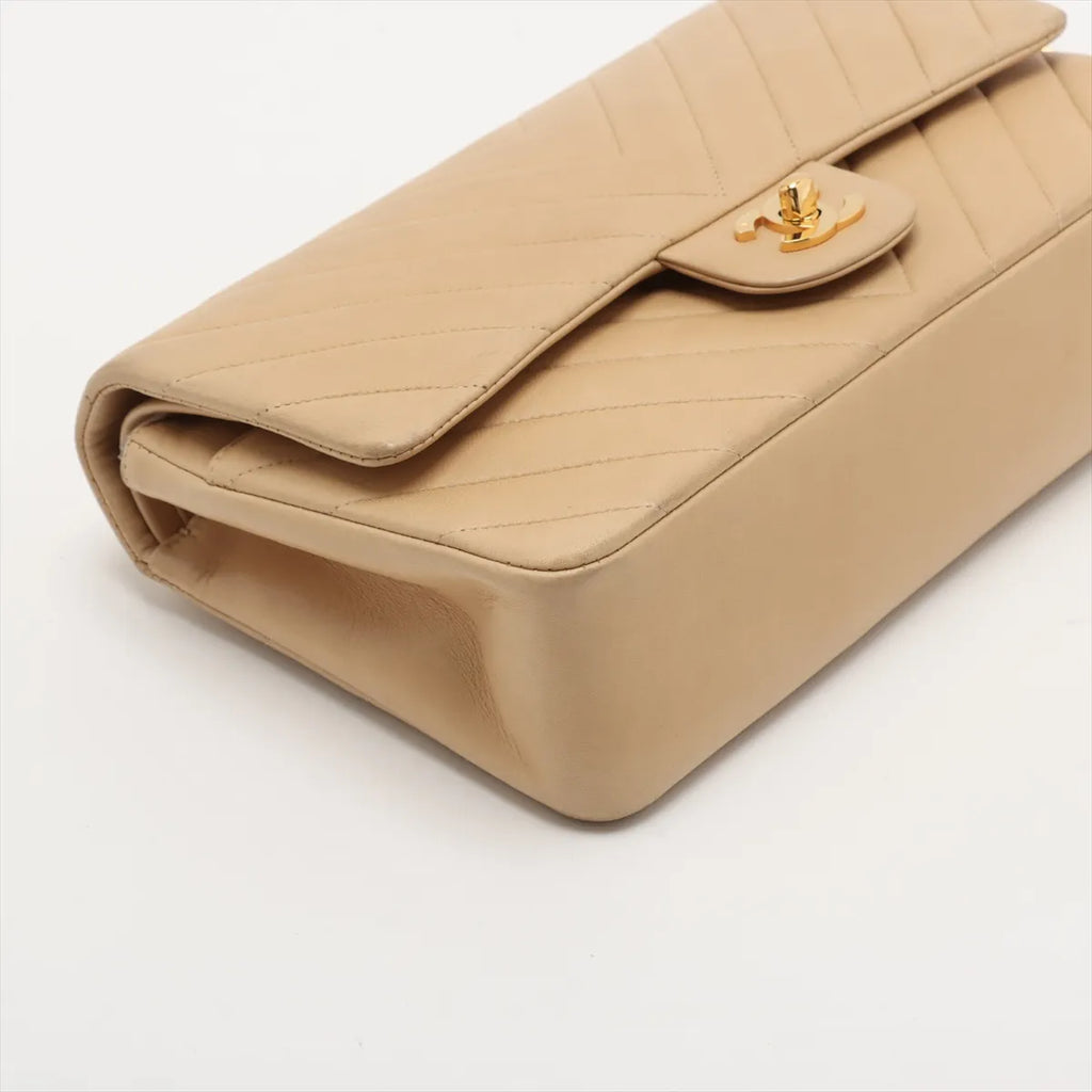 Chanel Chevron Lambskin Double Flap 24k Gold Classic Flap Beige