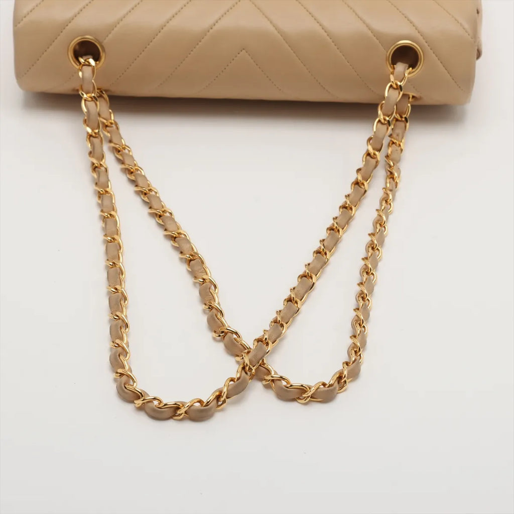 Chanel Chevron Lambskin Double Flap 24k Gold Classic Flap Beige