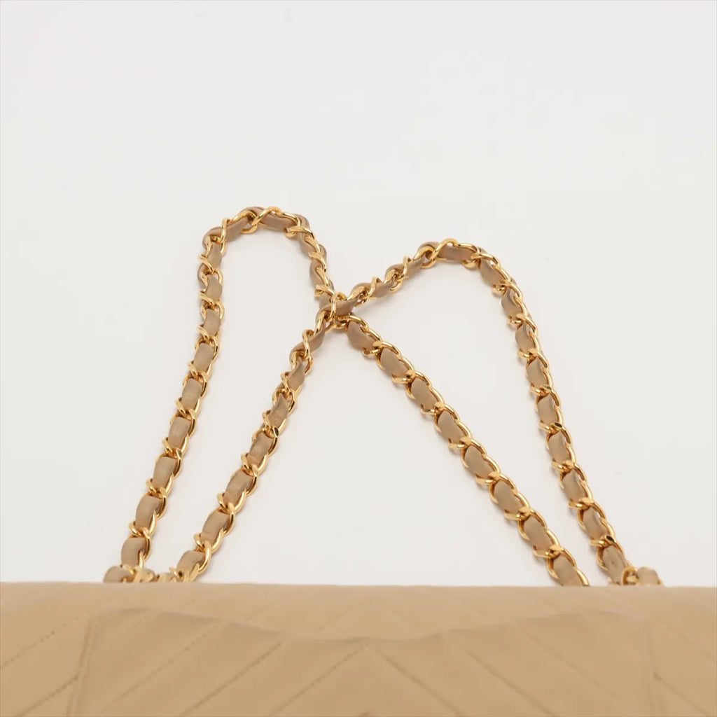 Chanel Chevron Lambskin Double Flap 24k Gold Classic Flap Beige
