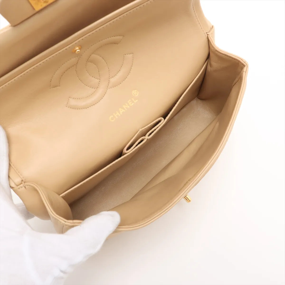Chanel Chevron Lambskin Double Flap 24k Gold Classic Flap Beige