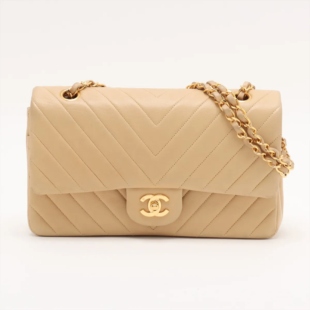 Chanel Chevron Lambskin Double Flap 24k Gold Classic Flap Beige