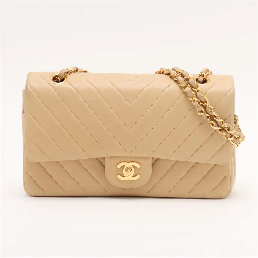 Chanel Chevron Lambskin Double Flap 24k Gold Classic Flap Beige