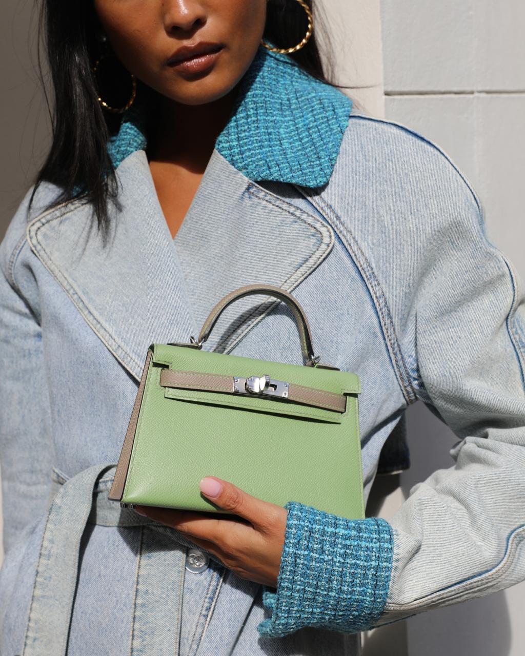 *SUPER RARE* Hermès HSS Mini Kelly II 20 Bag in Vert Criquet & Gris Asphalte Epsom Leather with Contrast Stitching and Palladium Hardware
