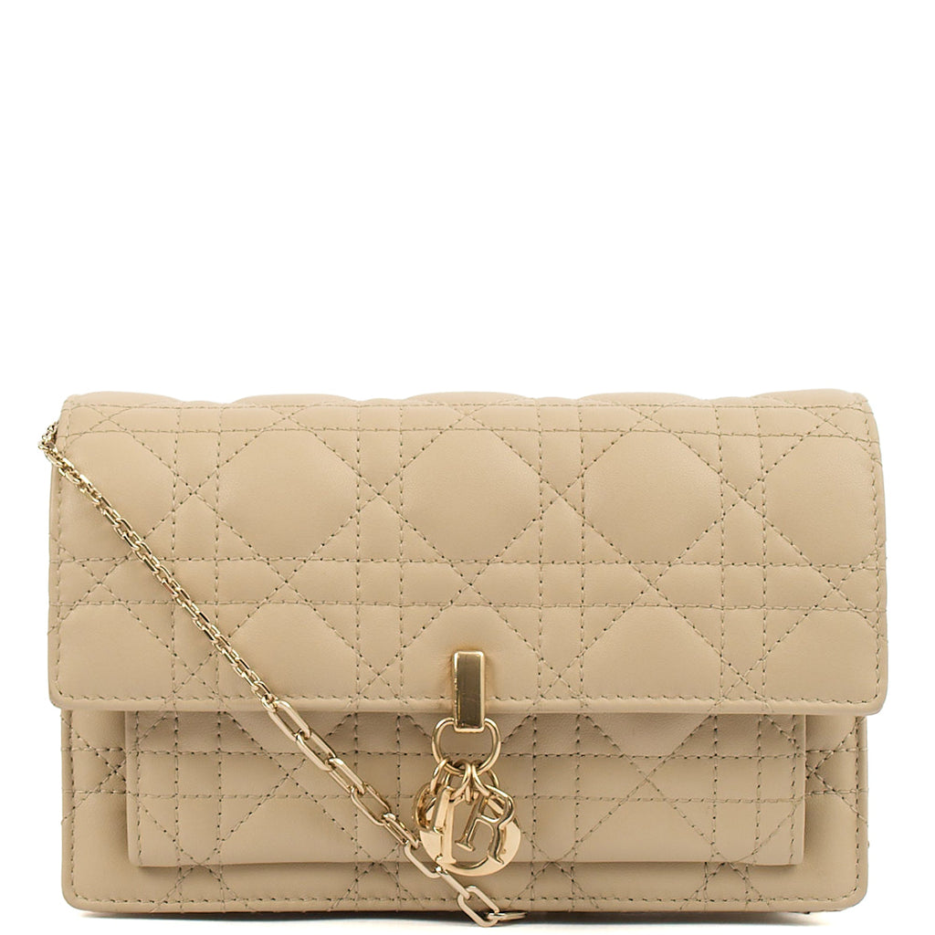 Christian Dior Cross Body My Dior Daily Chain Pouch in Neutral, Cannage Quilted Grain Skin