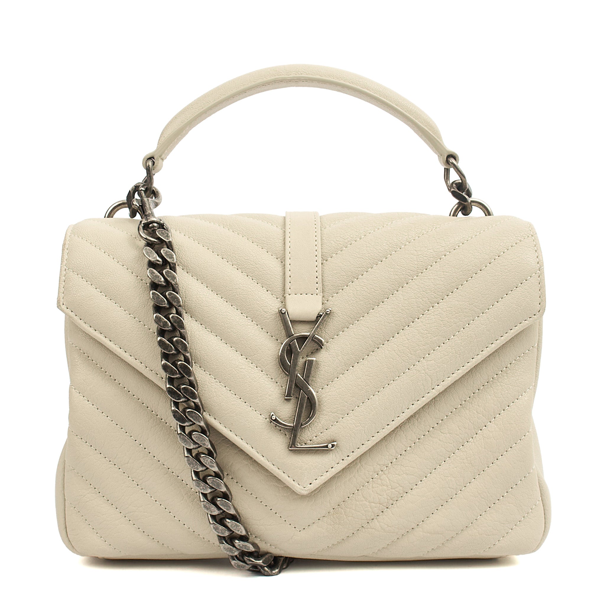 Saint Laurent Top Handle College - Medium in Neutral, Calfskin Leather