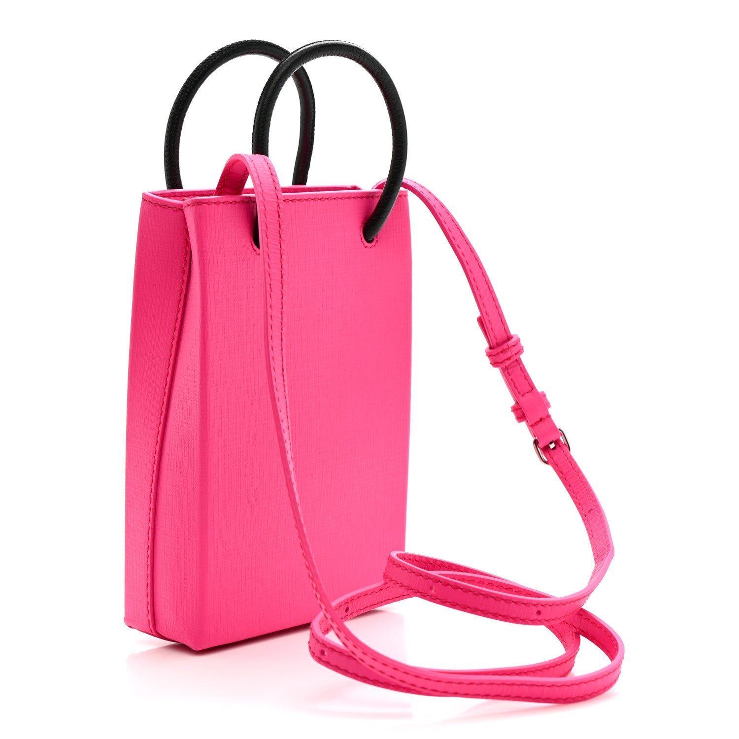 Squared Calfskin Logo Shopping Phone Holder Bag Acid Fuchsia