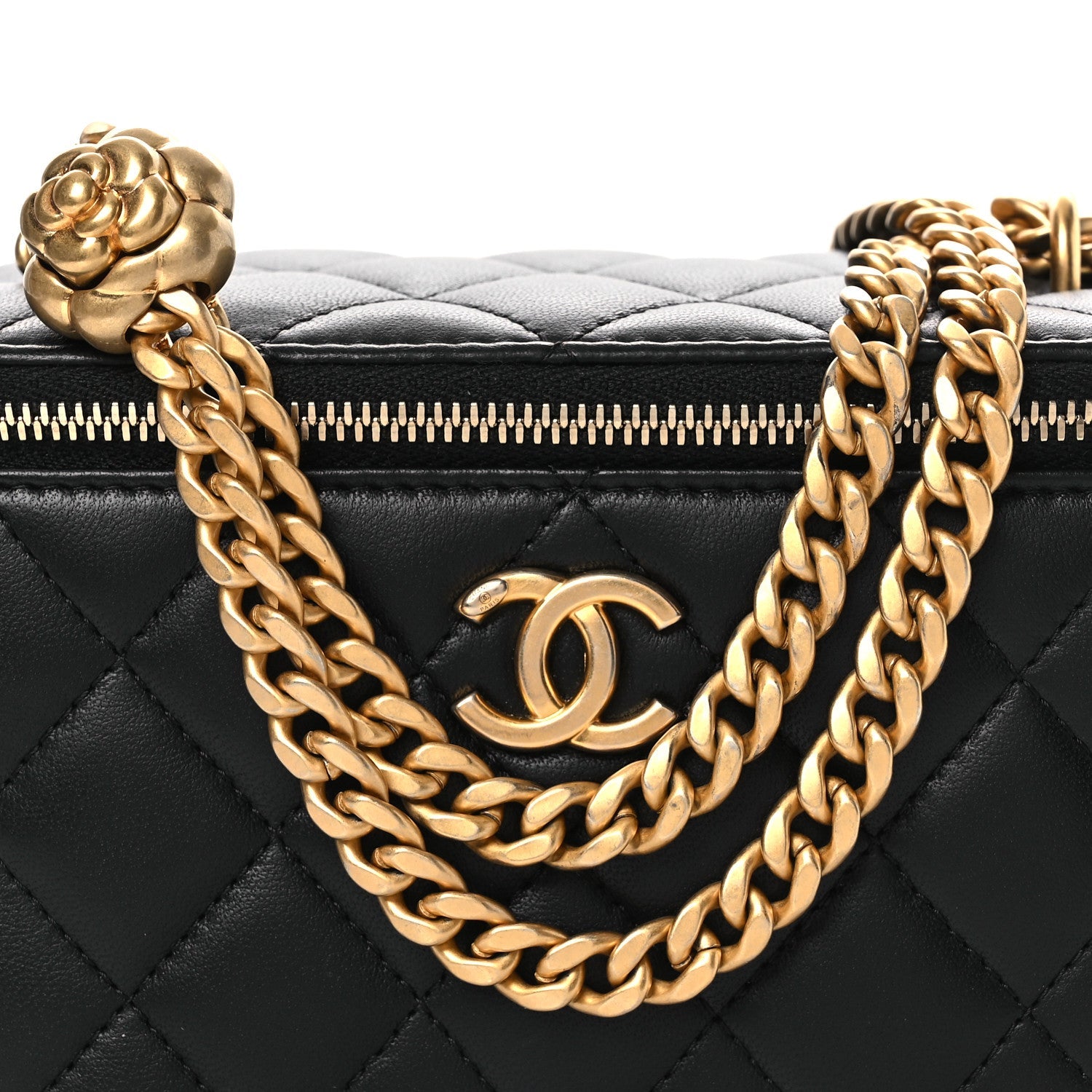 Lambskin Quilted Camellia Vanity Case Black