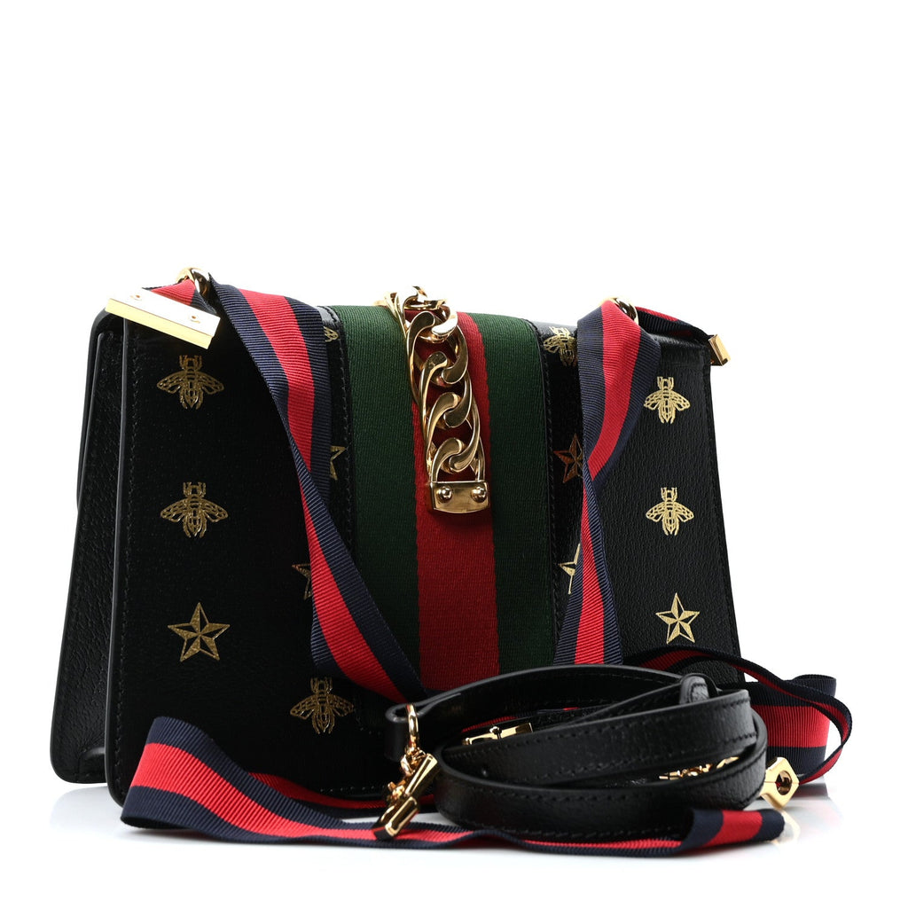 Textured Calfskin Bee Star Print Small Sylvie Shoulder Bag Black