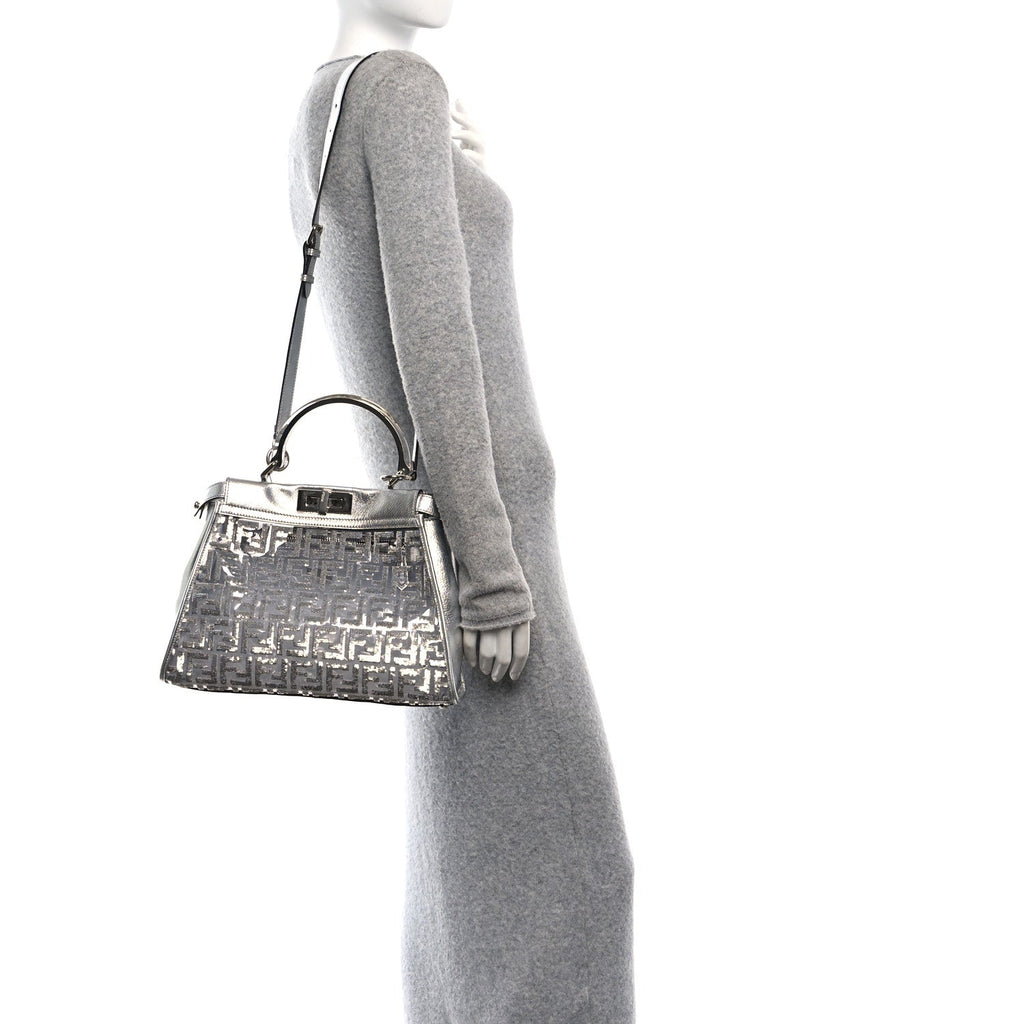 PVC Vitello Catalan Mirror Sequin FF Medium Peekaboo Iconic Satchel Argento