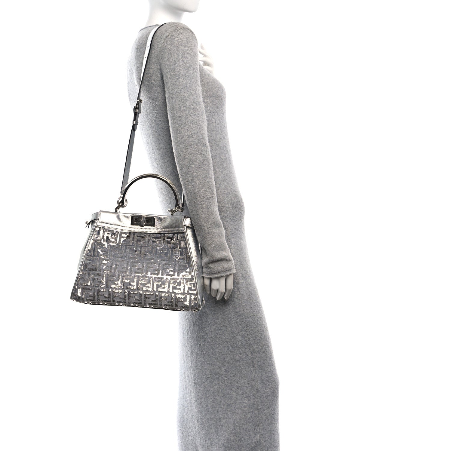 PVC Vitello Catalan Mirror Sequin FF Medium Peekaboo Iconic Satchel Argento