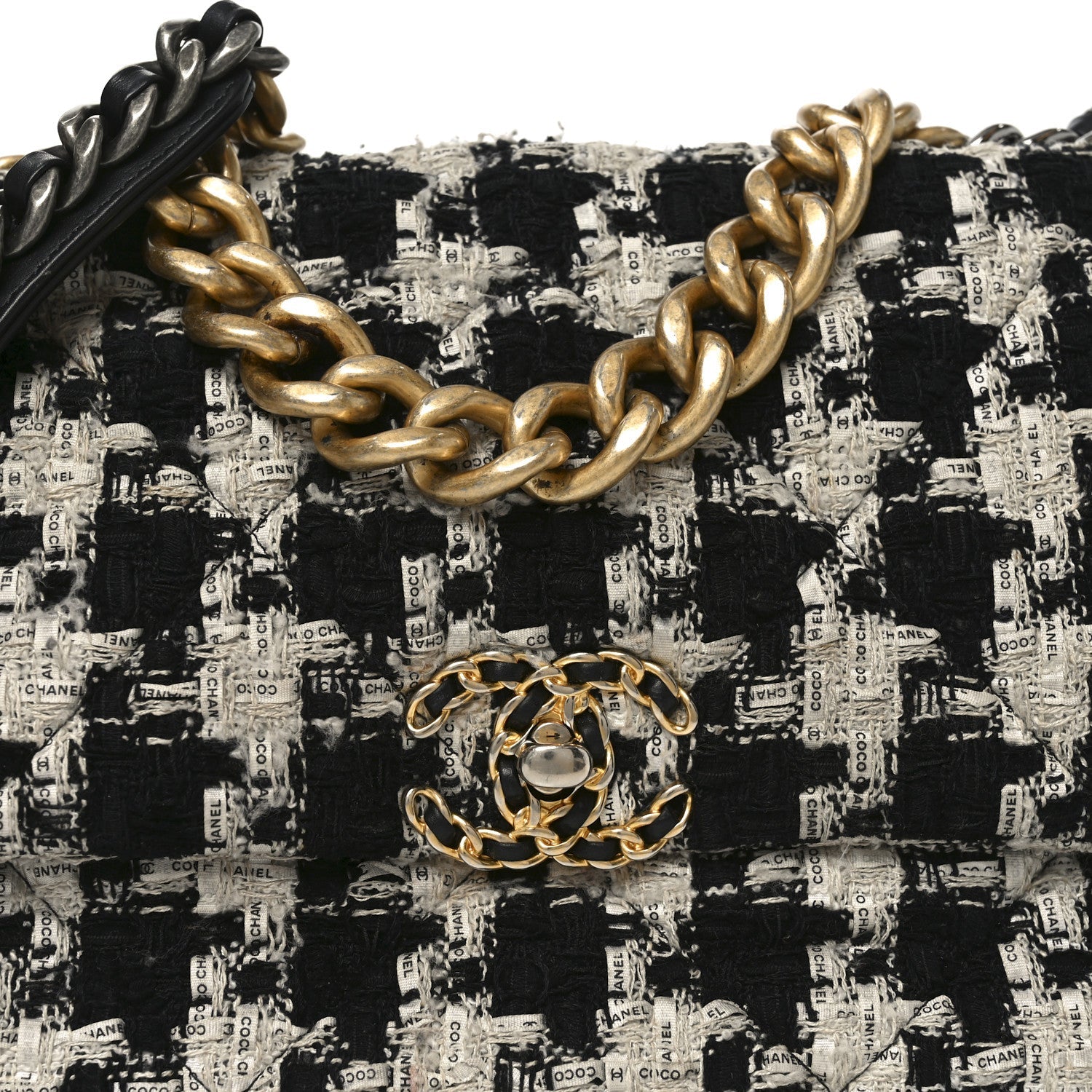 Tweed Quilted Large Chanel 19 Flap Black Ecru White