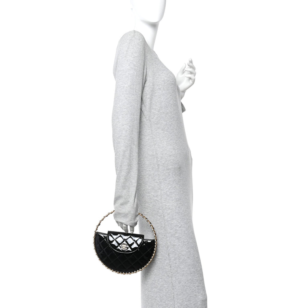 Patent Calfskin Quilted Chain Hoop Bag Black
