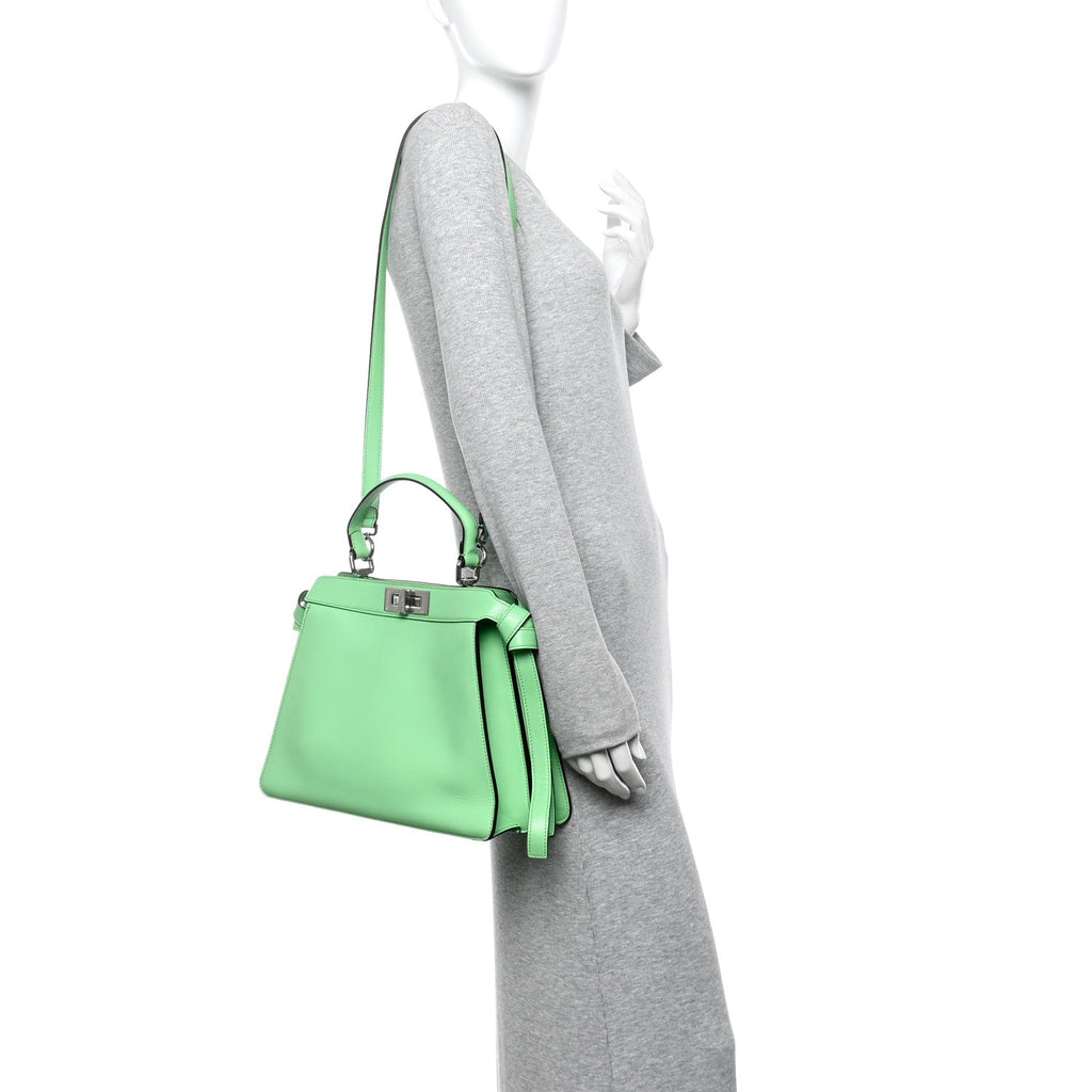 Vitello Seta Shiny Nappa Logo Embossed Laces Medium Peekaboo I SEE U Satchel Edamame