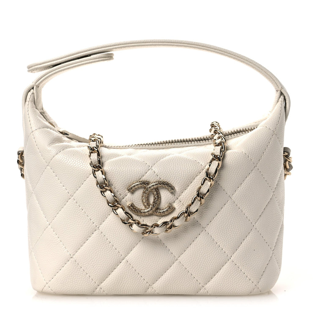 Caviar Quilted Hobo Clutch With Chain White