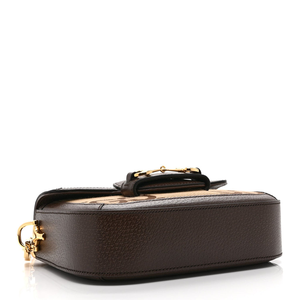 Monogram Jumbo GG Textured Dollar Calfskin Web Mini Horsebit 1955 Shoulder Bag Camel Ebony New Acero