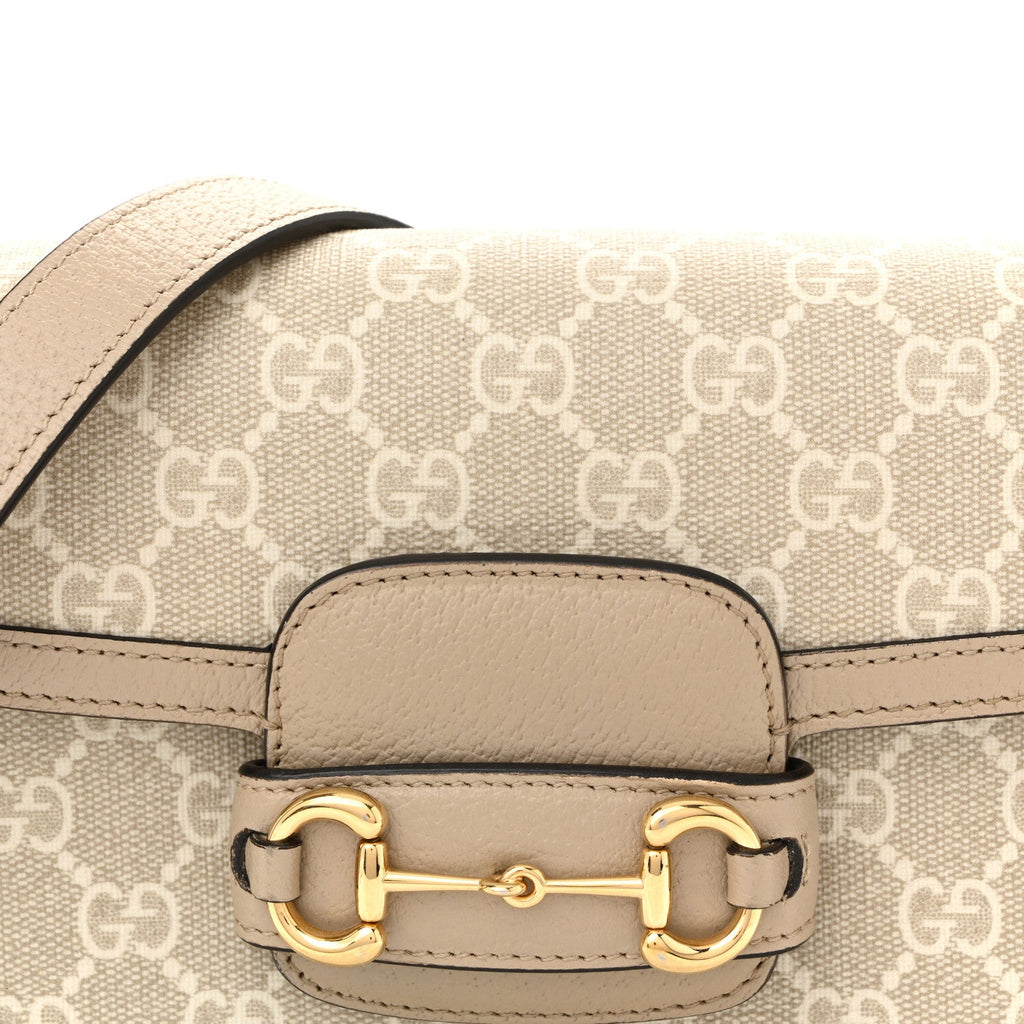 GG Supreme Monogram Textured Dollar Calfskin Web Mini Horsebit 1955 Shoulder Bag Beige Mystic White Oatmeal