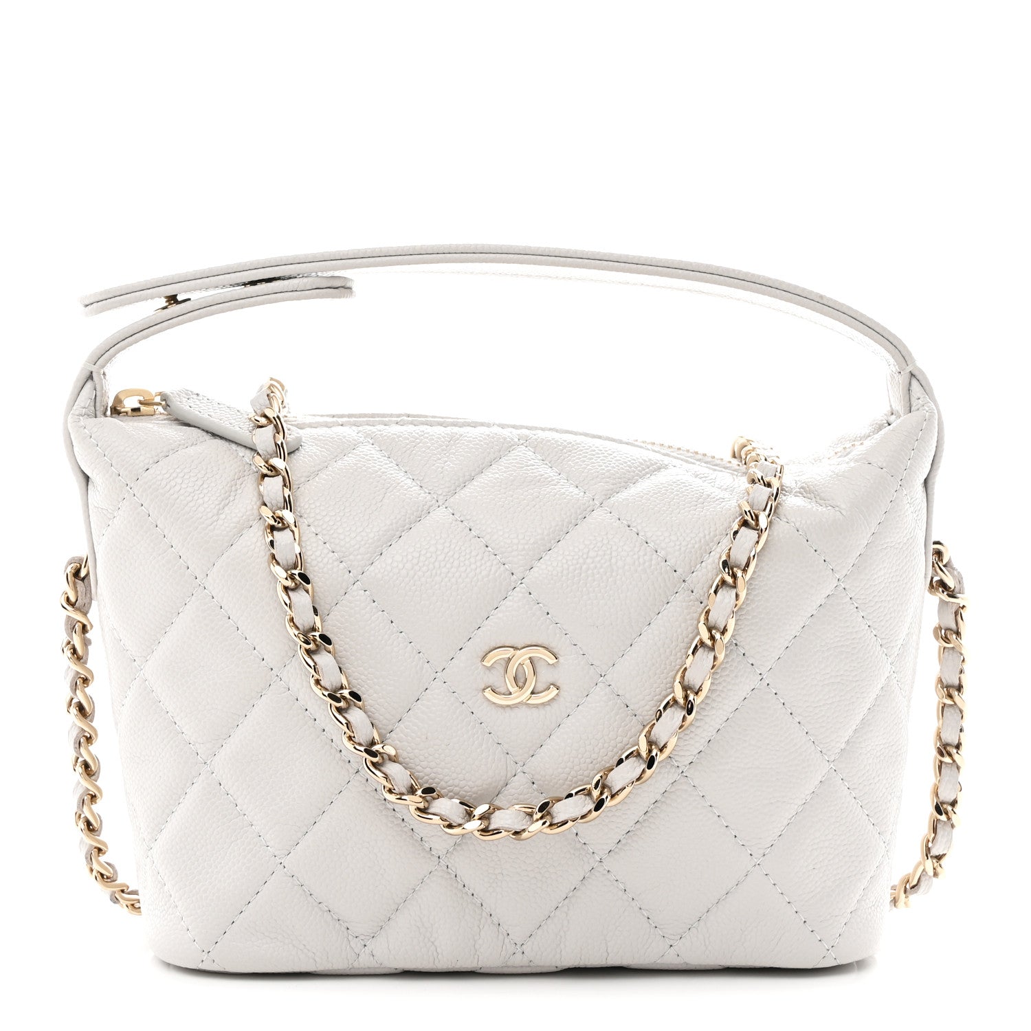 Shiny Caviar Quilted Hobo Clutch With Chain Light Grey
