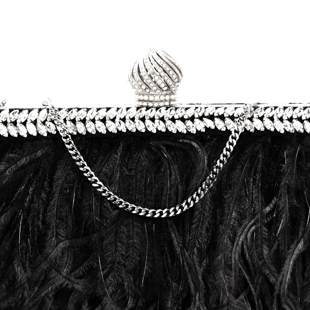 Satin Feather Crystal Embellished Celeste Clutch Black