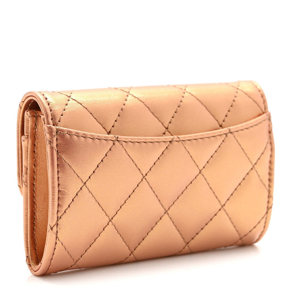 Metallic Lambskin Quilted Flap  Holder Wallet Golden