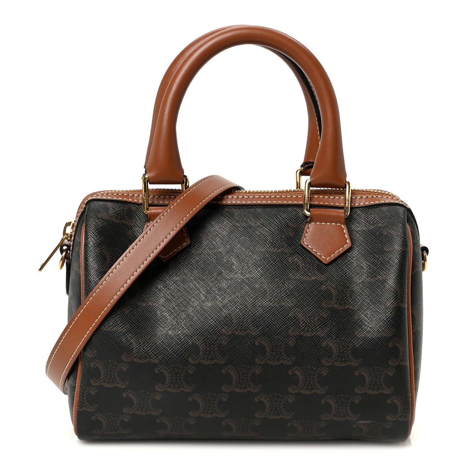 Triomphe Canvas Calfskin Small Boston Bag Tan