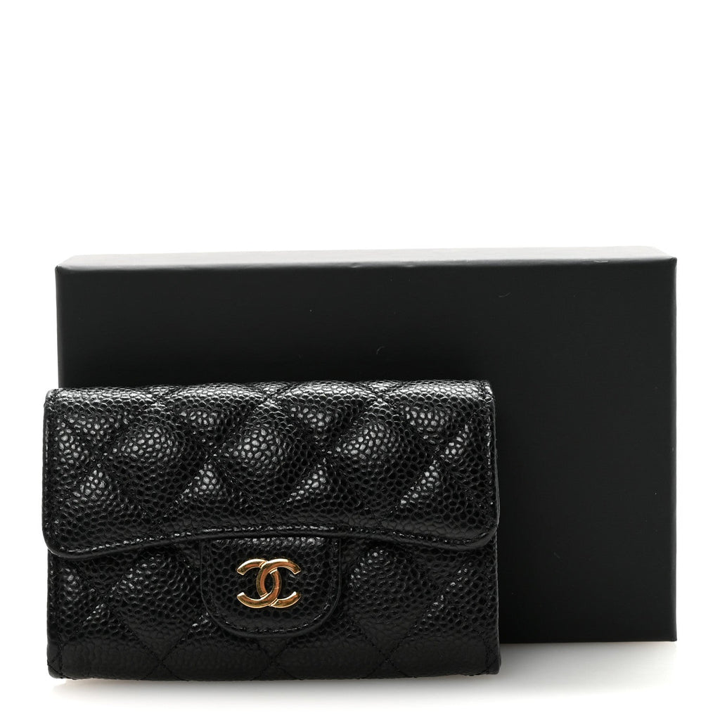 Caviar Quilted Flap  Holder Wallet Black