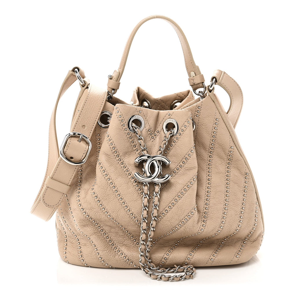 Calfskin Studded Chevron Quilted Small Stud Wars Drawstring Bag Beige