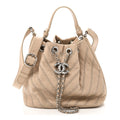 Calfskin Studded Chevron Quilted Small Stud Wars Drawstring Bag Beige