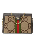 Monogram Jumbo GG Textured Dollar Calfskin Web Small Ophidia Chain Shoulder Bag Camel Ebony New Acero