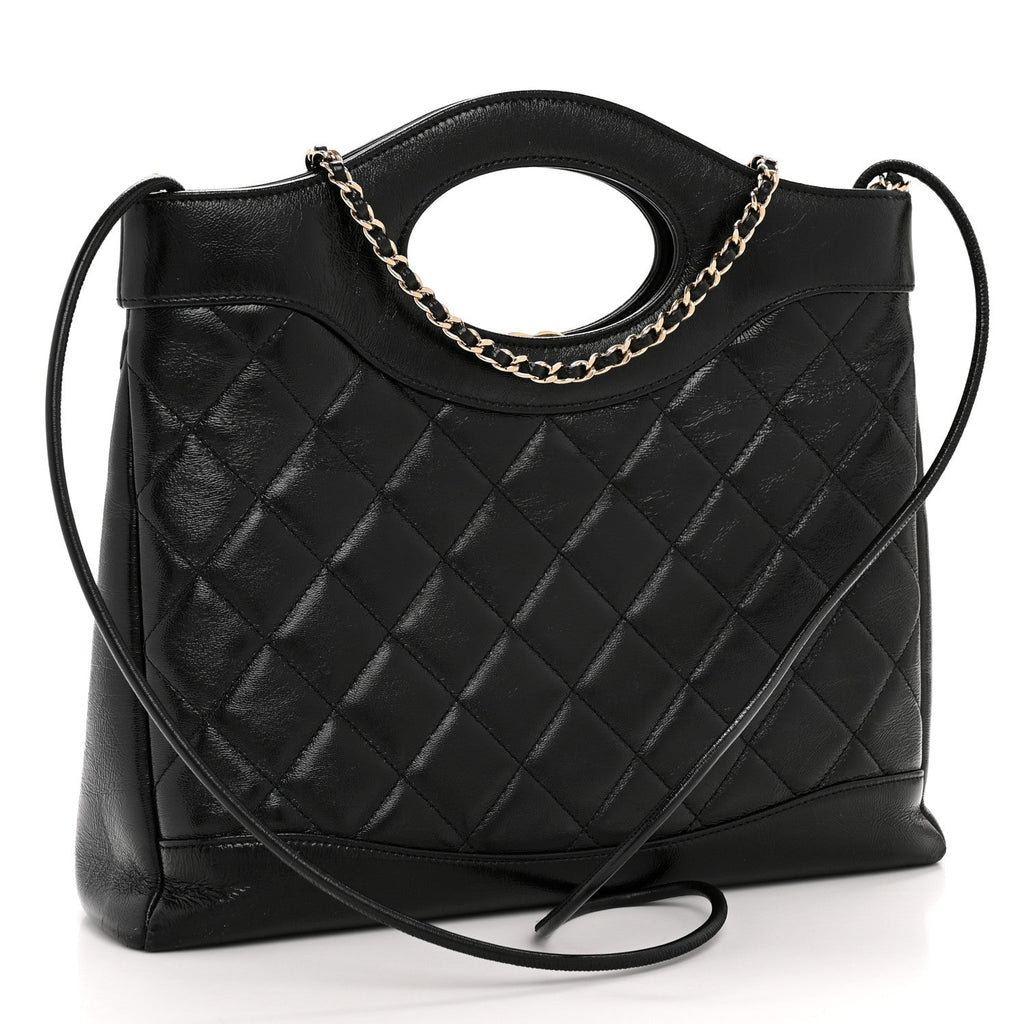 Shiny Crumpled Calfskin Quilted Small 31 Shopping Bag Black