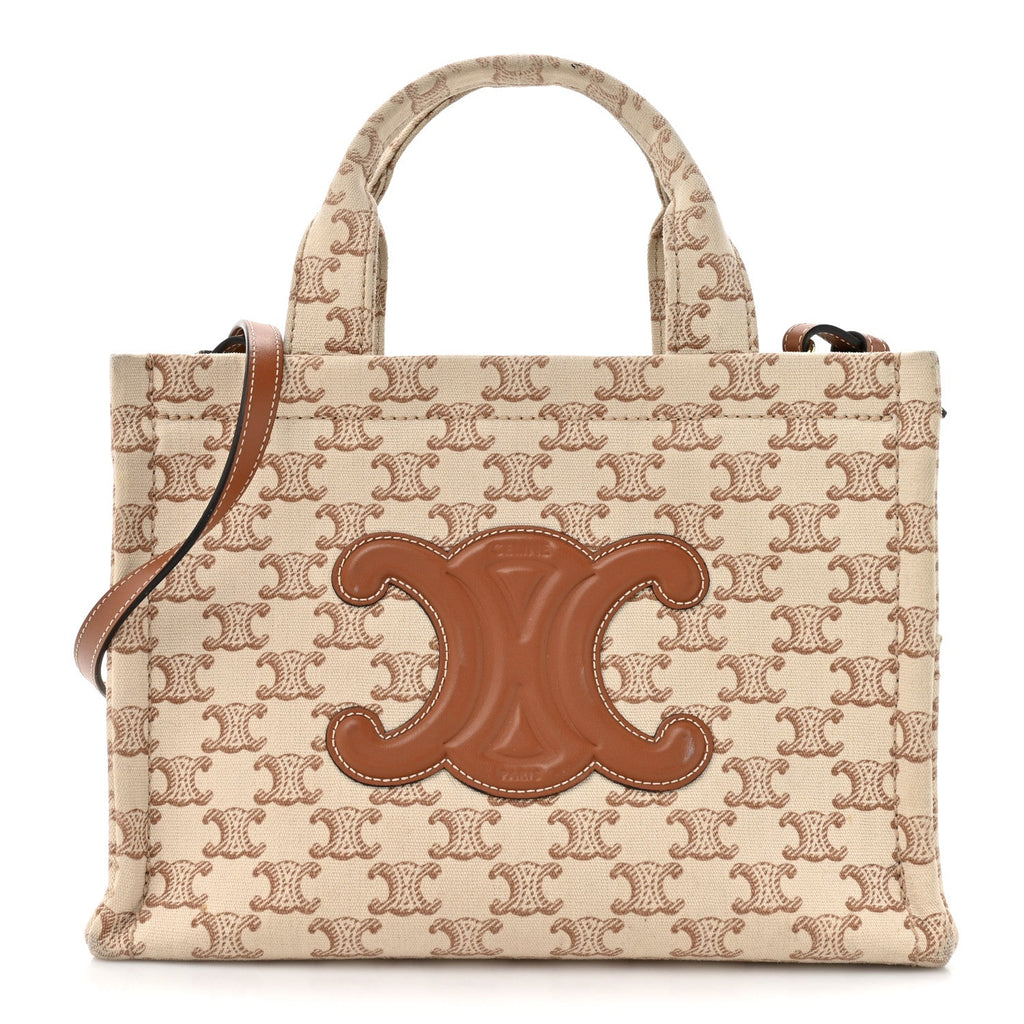 Canvas Calfskin Triomphe Print Small Cabas Thais White