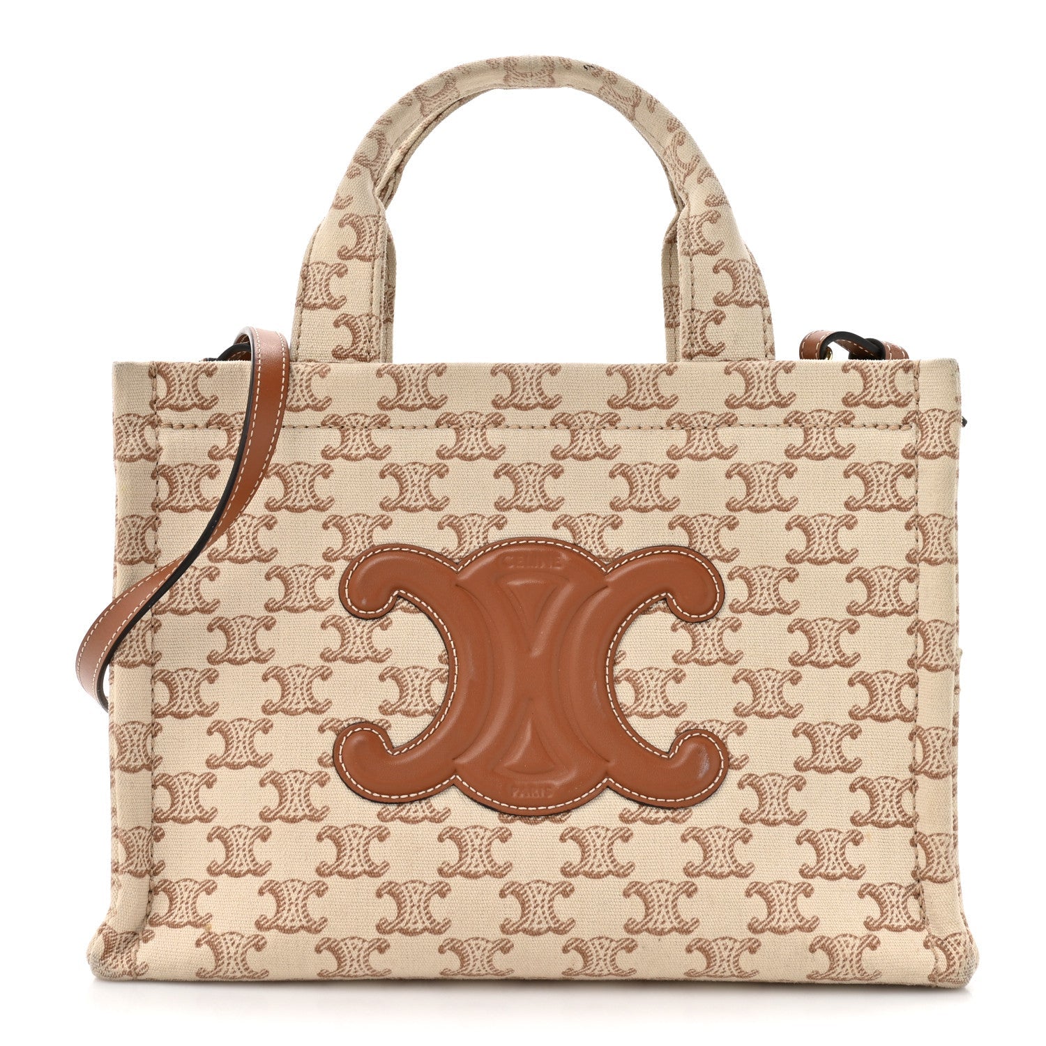 Canvas Calfskin Triomphe Print Small Cabas Thais White