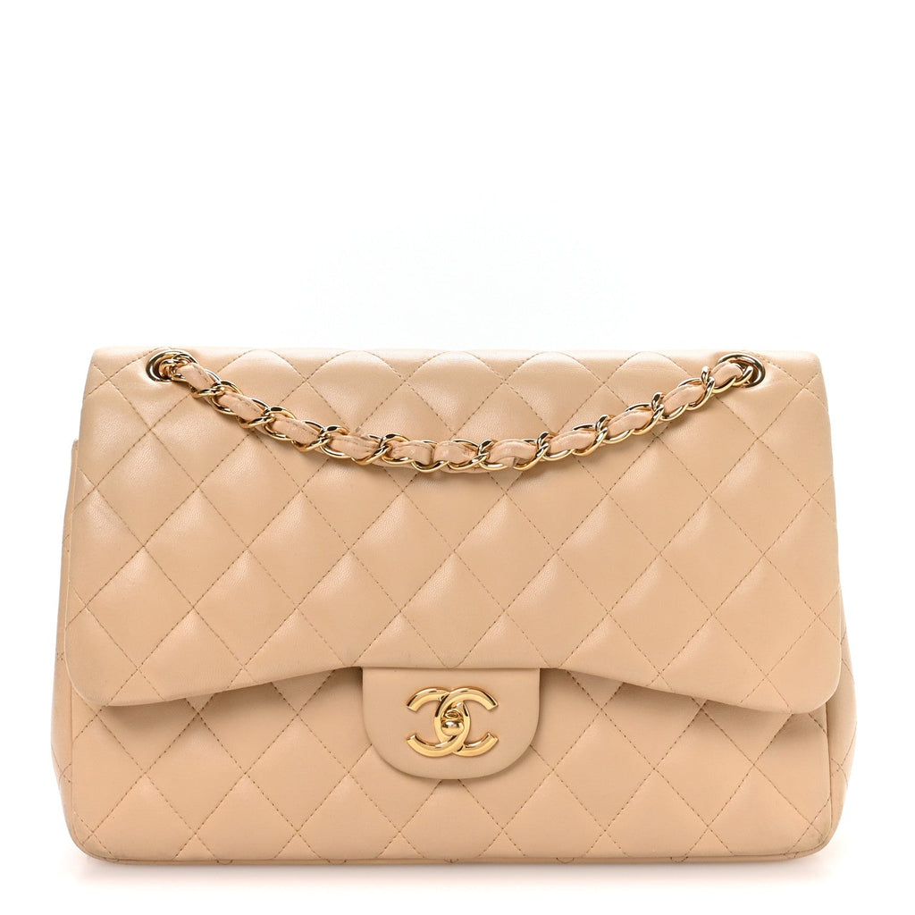 Lambskin Quilted Jumbo Double Flap Beige