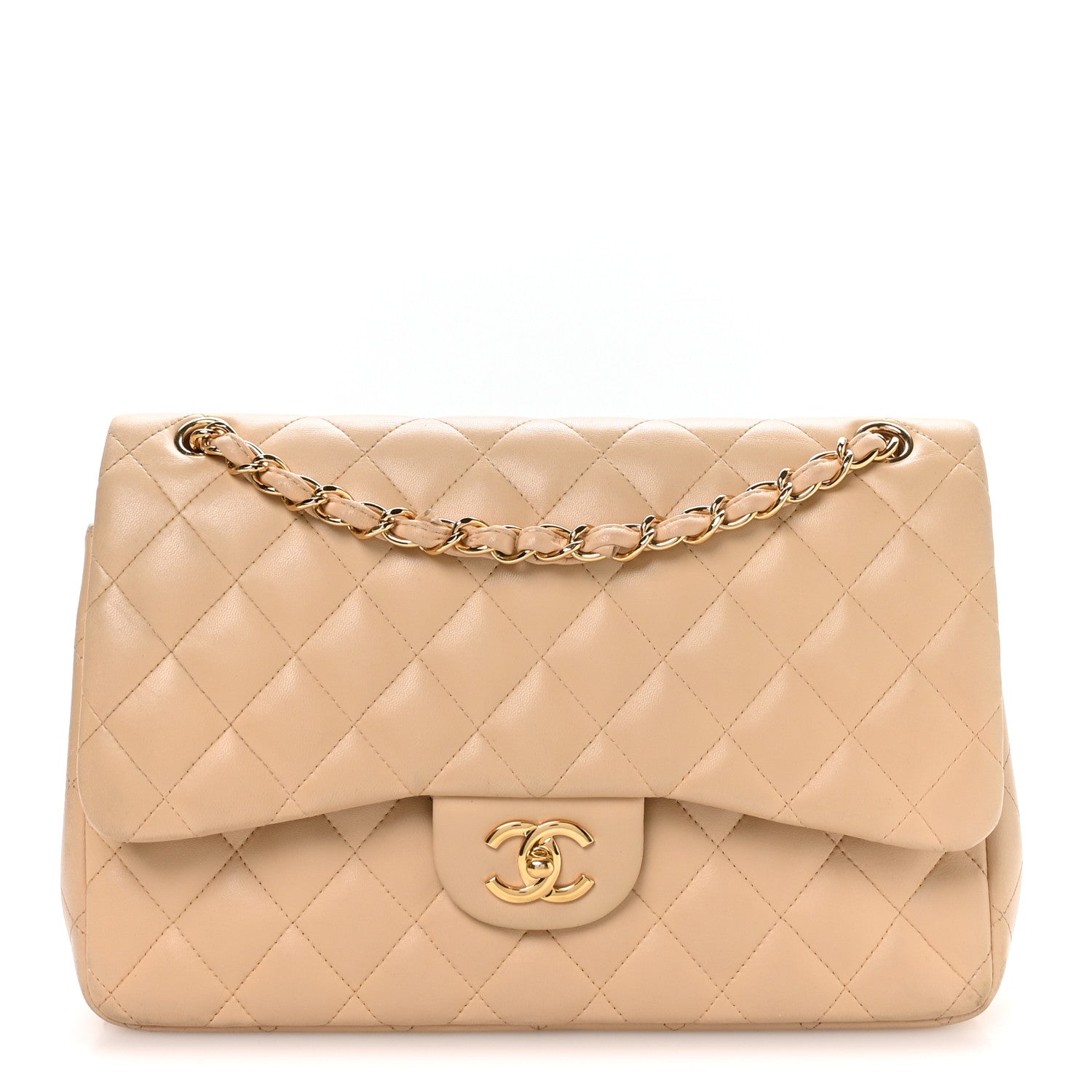 Lambskin Quilted Jumbo Double Flap Beige