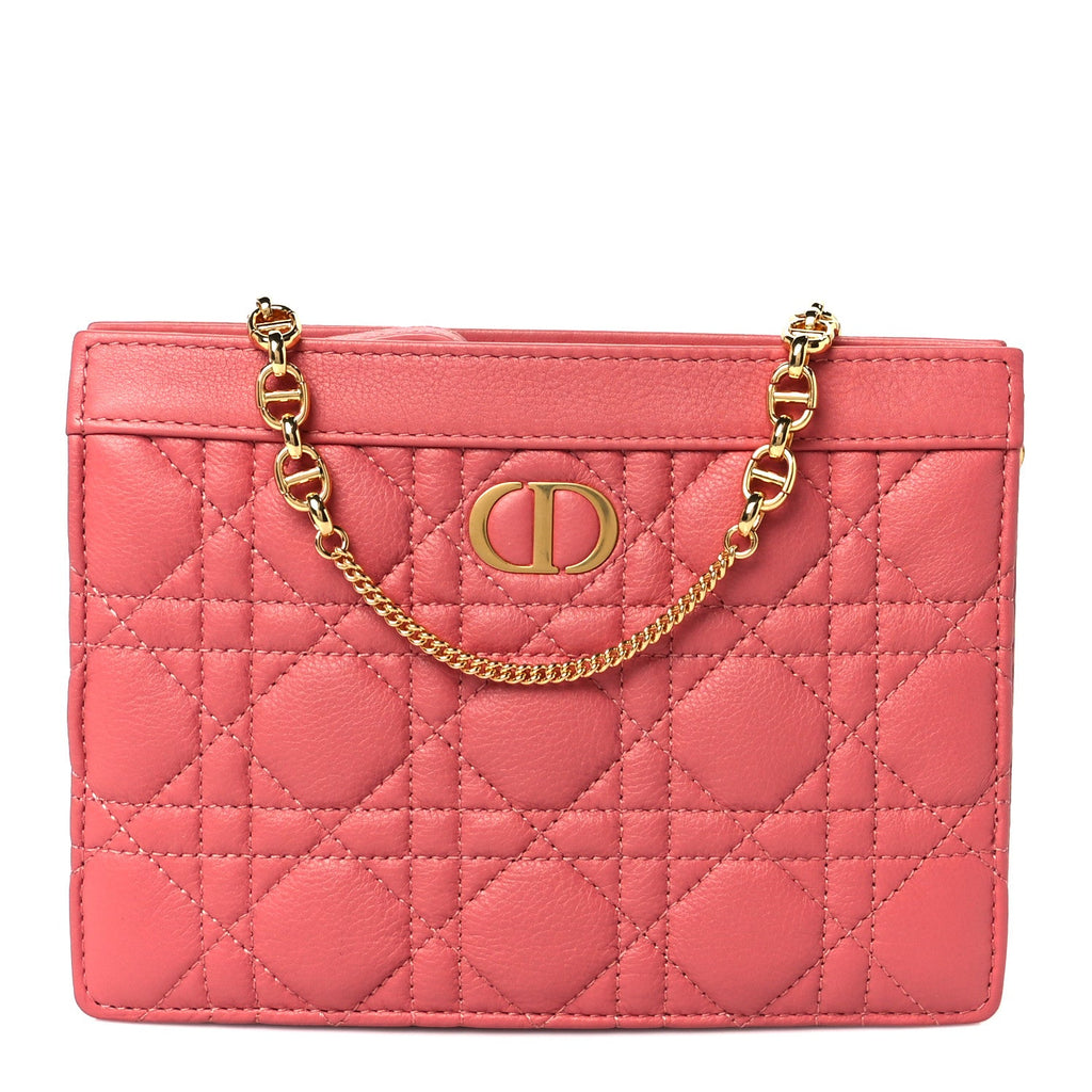 Calfskin Cannage Caro Zipped Pouch With Chain Coral Powder