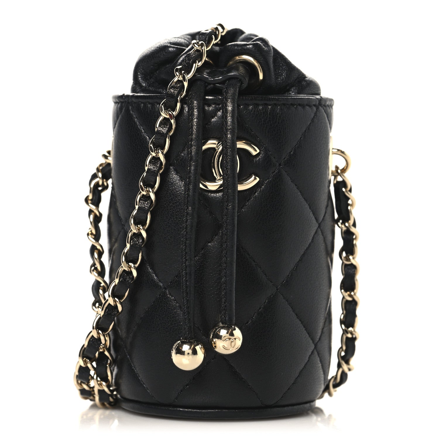 Lambskin Quilted Mini Bucket Bag With Chain Black