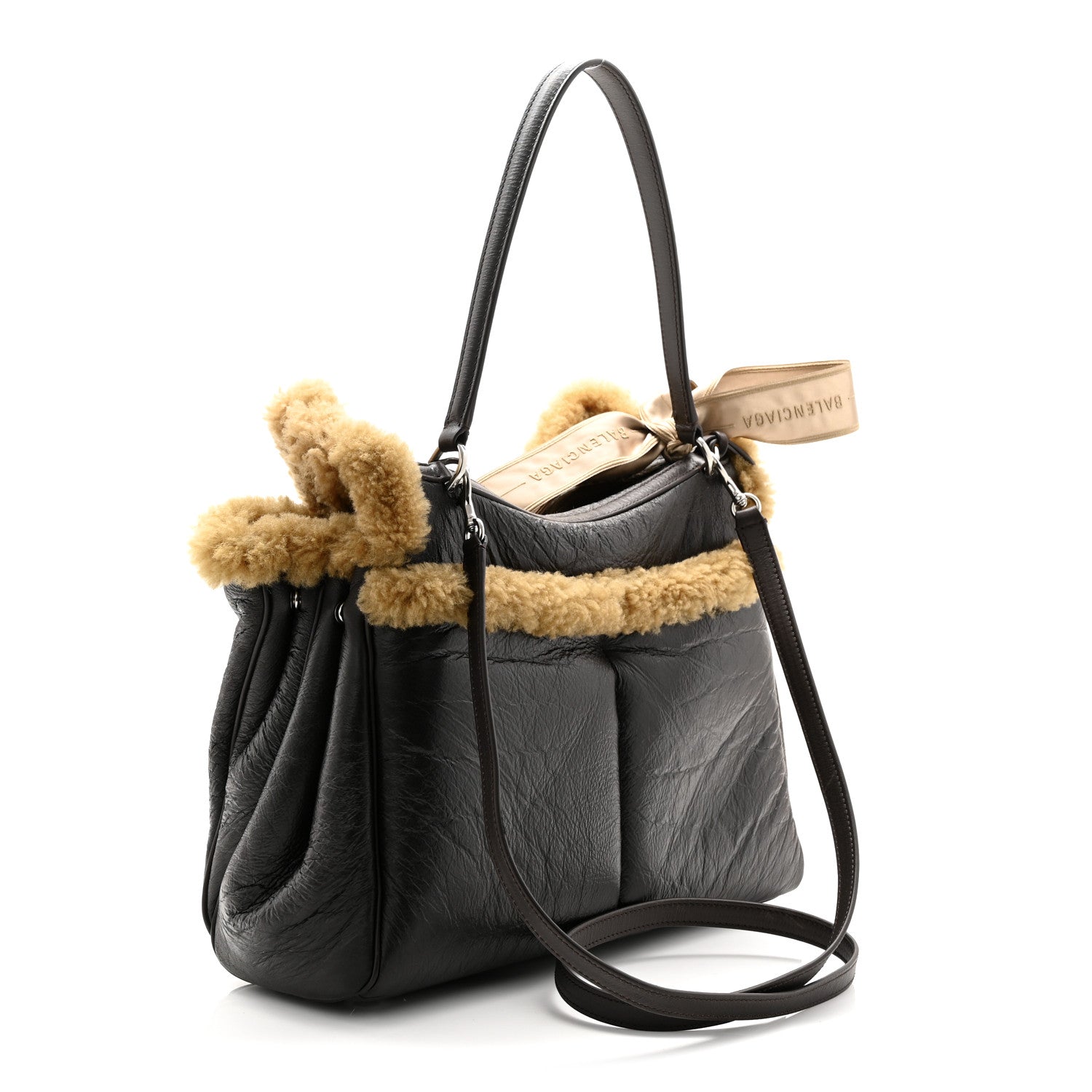 Crushed Calfskin Shearling Medium Rodeo Top Handle Handbag Brown Beige