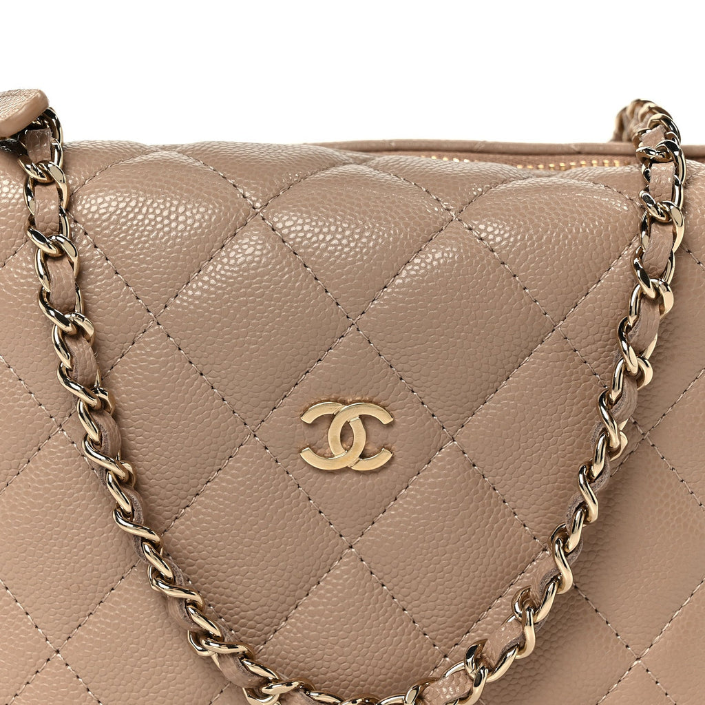 Caviar Quilted Hobo Clutch With Chain Dark Beige
