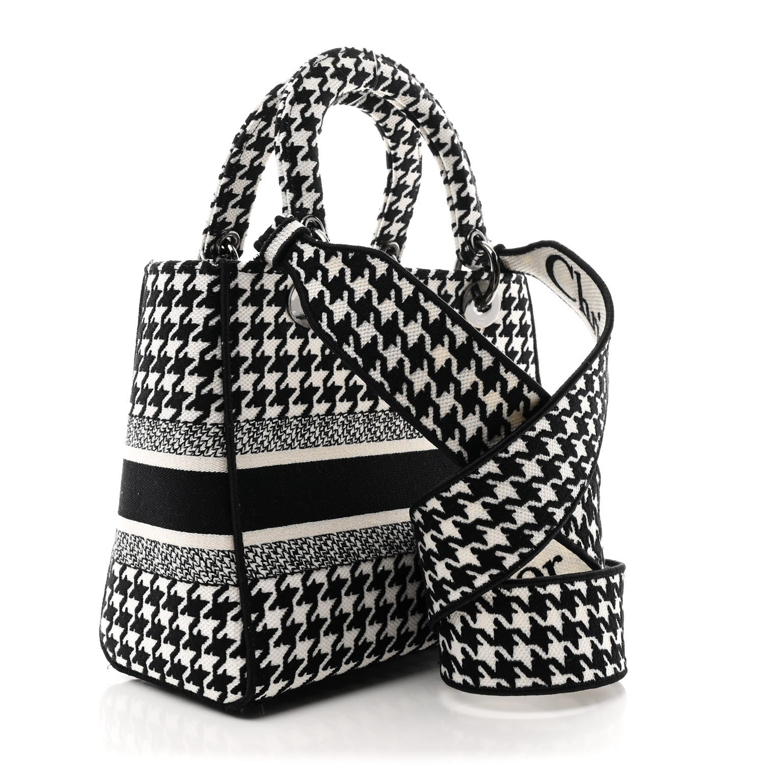 Canvas Houndstooth Embroidered Medium Lady D-Lite Black White