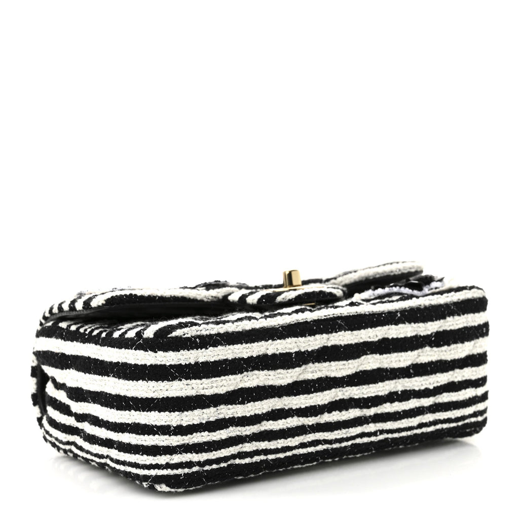 Striped Tweed Sequin Quilted Camellia Embellished Mini Rectangular Flap Ecru Black