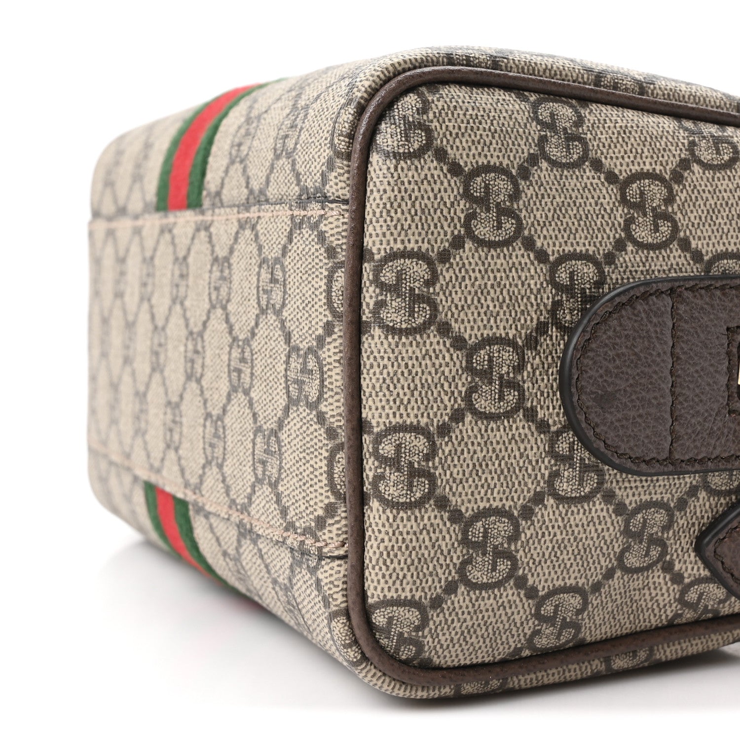 GG Supreme Monogram Textured Dollar Calfskin Web Mini Ophidia Top Handle Bag Beige Ebony New Acero